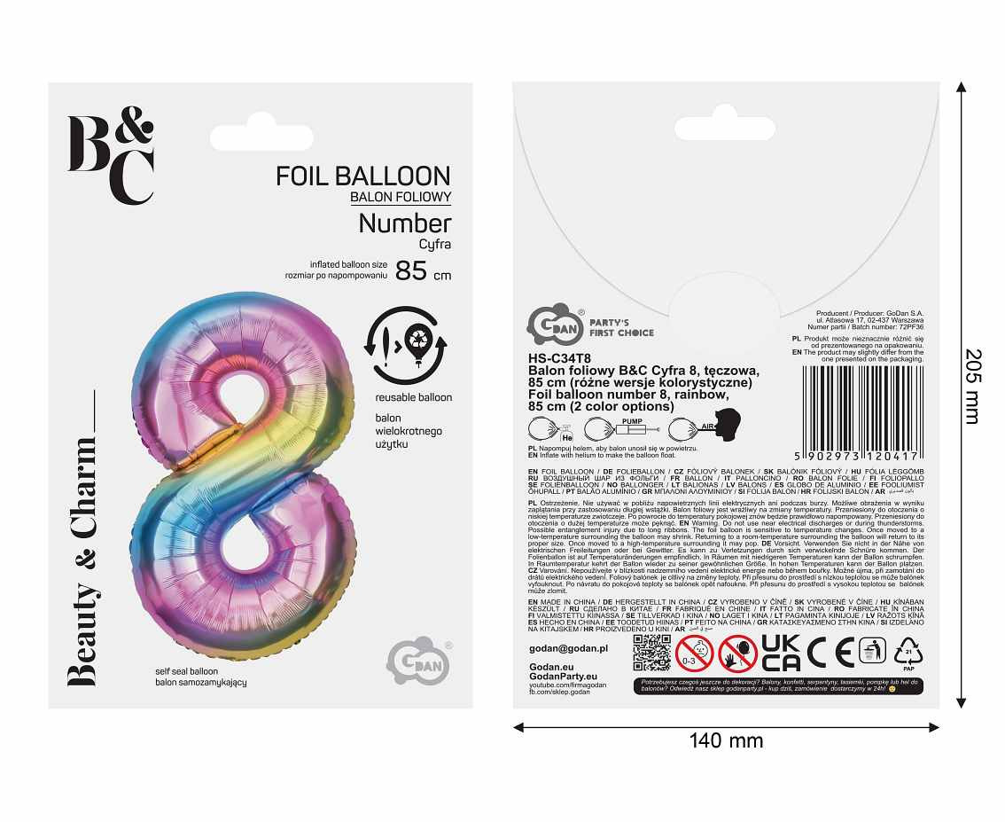Foil balloon number 8, rainbow, 85 cm
